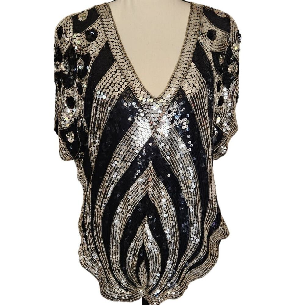 Vintage Sequin Black Silver Disco Art Deco Peacock V Neck Blouse Top Shirt - Picture 2 of 9